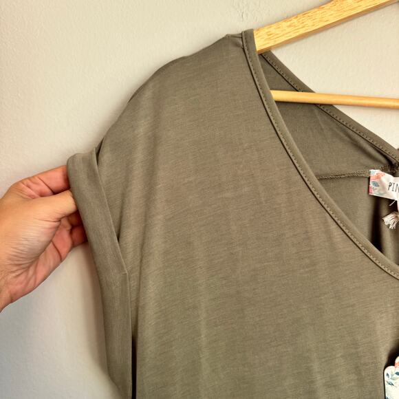 Pink Rose Top Size L Olive Green Modal Front Tie Short Sleeve Boho Basic Fall - Picture 2 of 10